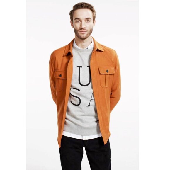 Saturdays NYC Map Oxford Shirt Button Down Jacket Shacket Over Shirt Orange